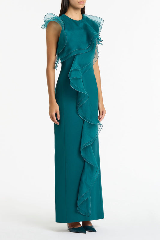 Carla Zampatti Serpentine Crepe Ruffle Front Gown (Green)