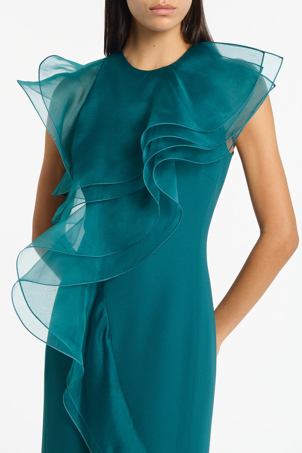 Carla Zampatti Serpentine Crepe Ruffle Front Gown (Green)