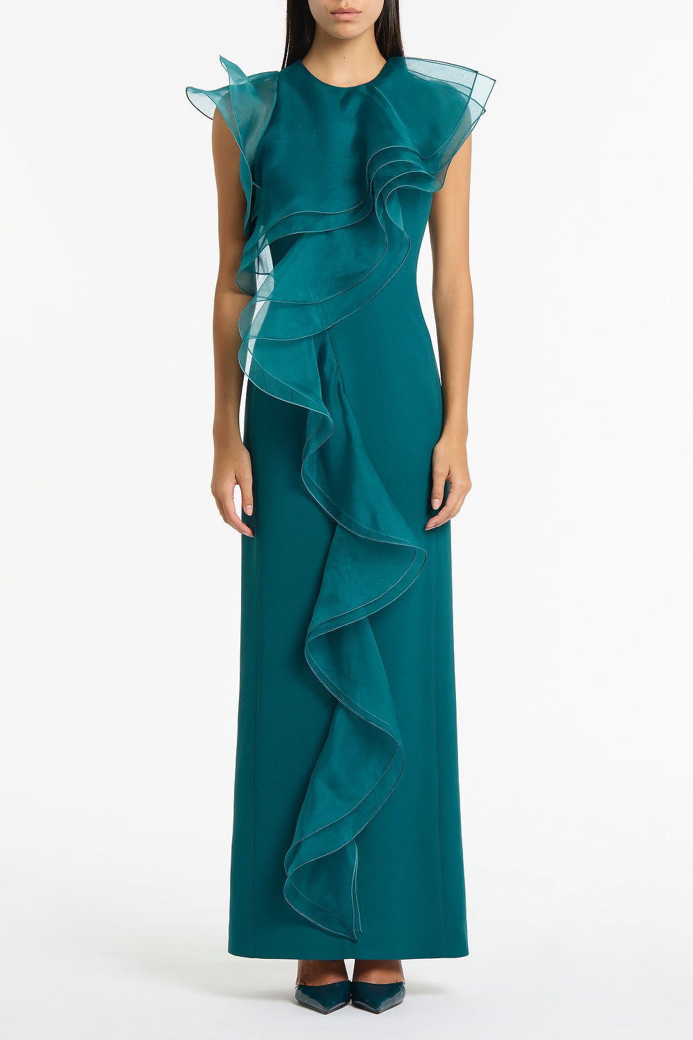 Image of Dresses. Product name - Serpentine Crepe Ruffle Front Gown in Green colour by brand - Carla Zampatti