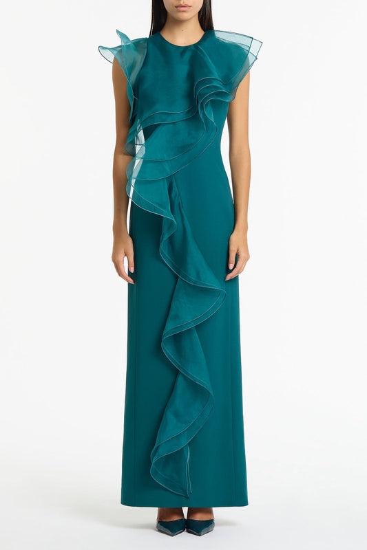 Image of Dresses. Product name - Serpentine Crepe Ruffle Front Gown in Green colour by brand - Carla Zampatti