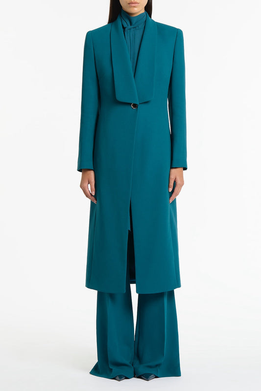 Image of Scarves & Shawls. Product name - Serpentine Crepe Shawl Collar Coat in Green colour by brand - Carla Zampatti