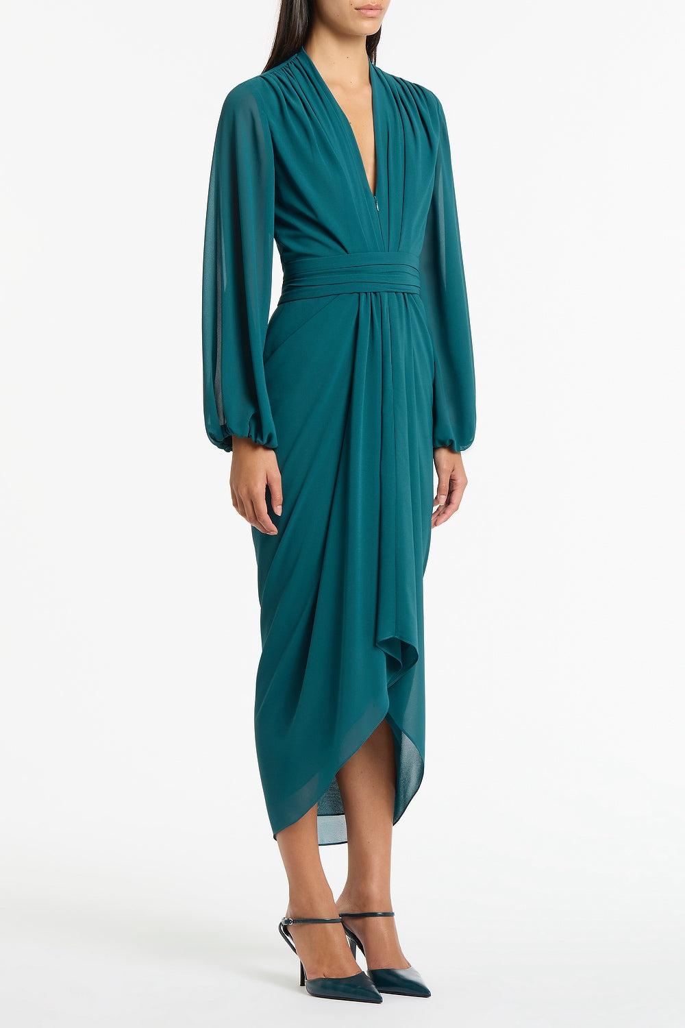 Carla Zampatti Serpentine Georgette Long Sleeve Waterfall Dress (Green)
