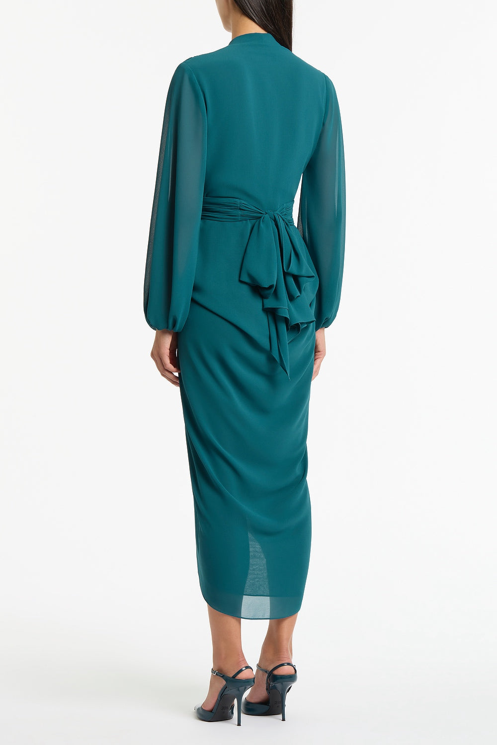 Carla Zampatti Serpentine Georgette Long Sleeve Waterfall Dress (Green)