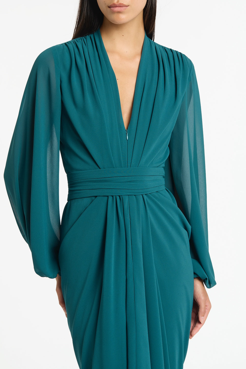 Carla Zampatti Serpentine Georgette Long Sleeve Waterfall Dress (Green)