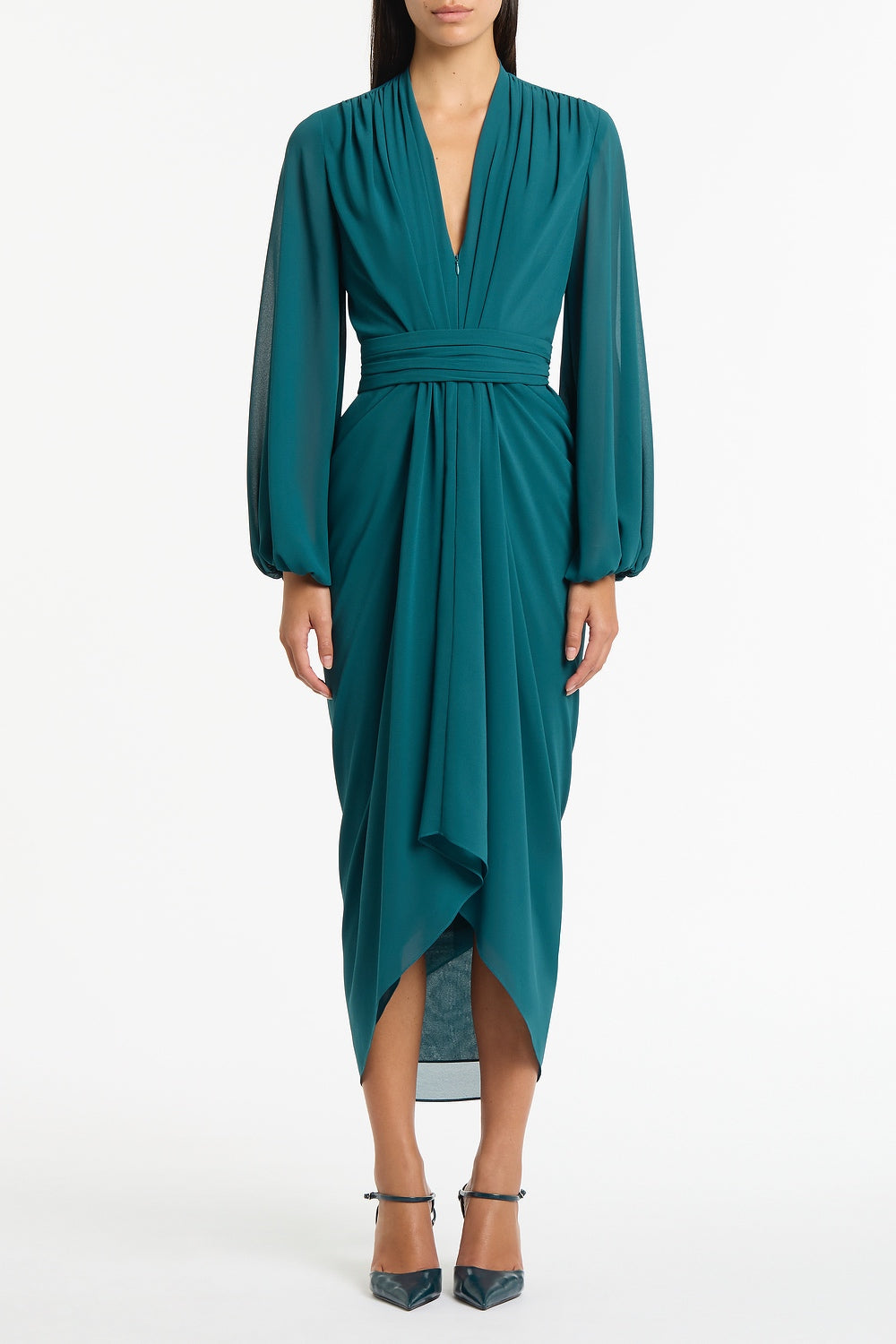 Image of Dresses. Product name - Serpentine Georgette Long Sleeve Waterfall Dress in Green colour by brand - Carla Zampatti