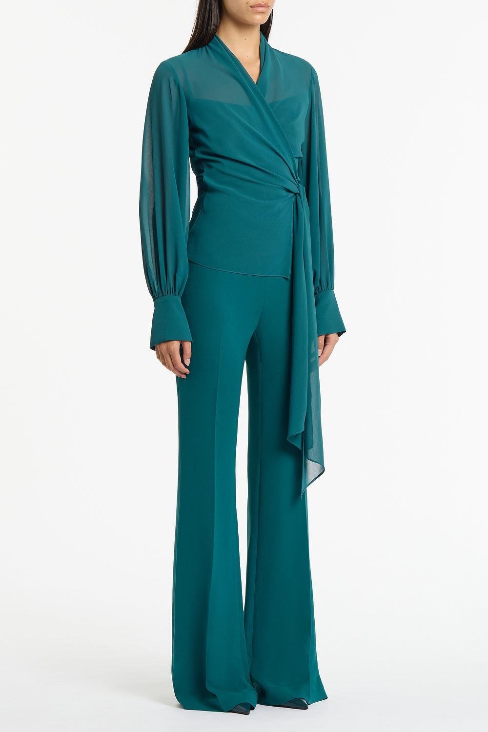 Carla Zampatti Serpentine Georgette Long Sleeve Wrap Top (Green)