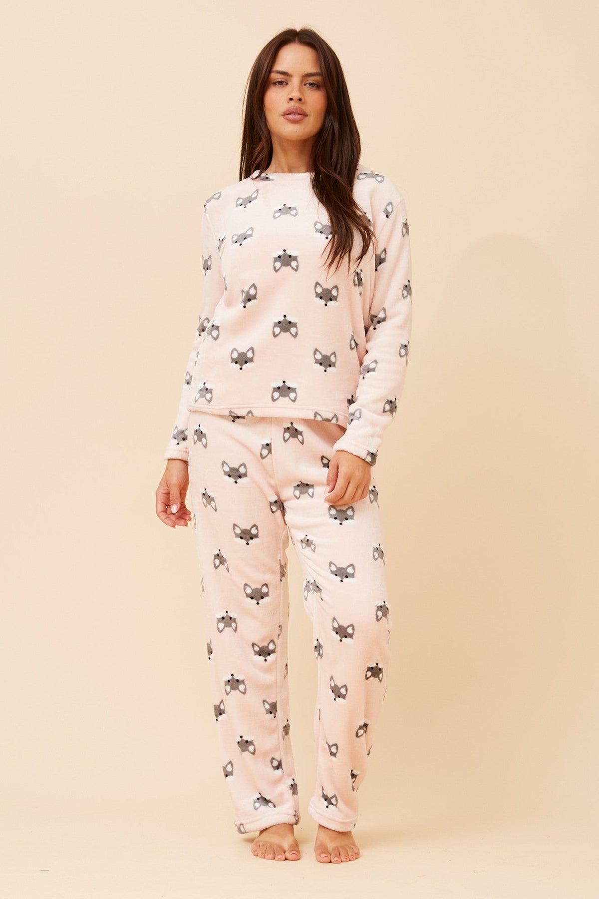 Image of Sleepwear & Loungewear. Product name - ZEN FOX PRINT PLUSH PYJAMA SET in Multi Pink colour by brand - Caroline Morgan Australia