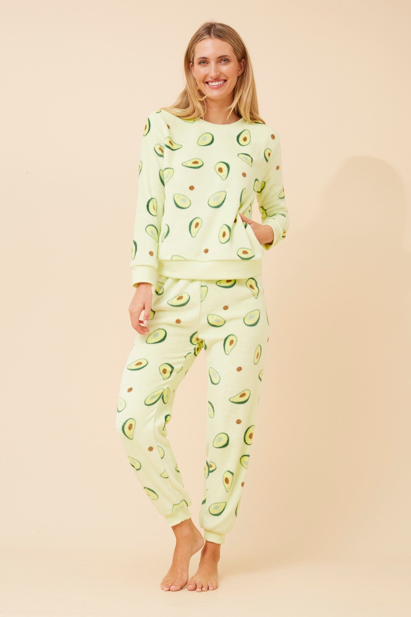 Image of Sleepwear & Loungewear. Product name - KENNY AVOCADO PRINT PYJAMA SET in Lime Green colour by brand - Caroline Morgan Australia