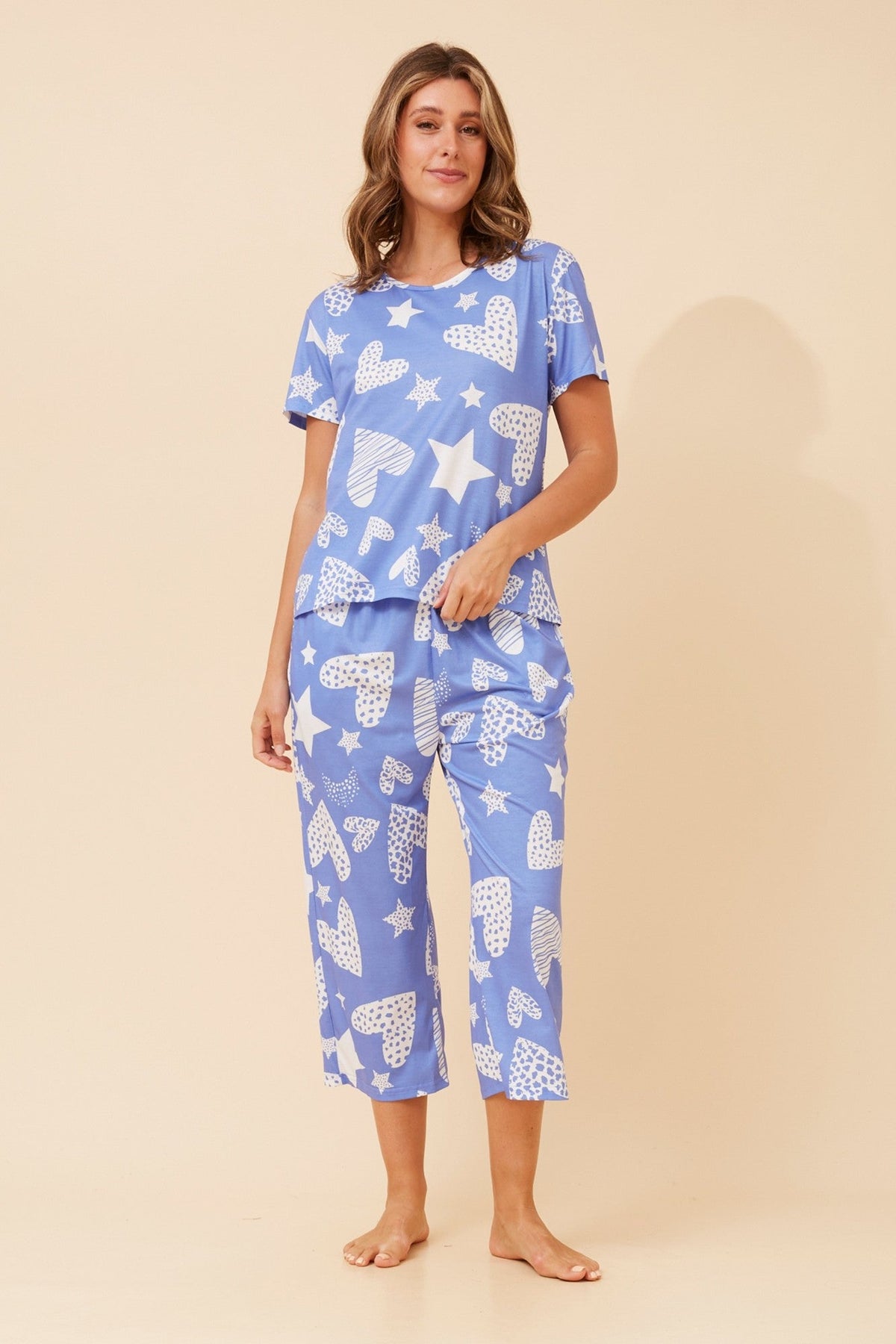 Image of Sleepwear & Loungewear. Product name - ELLARA HEART PRINT SET in Blue colour by brand - Caroline Morgan Australia