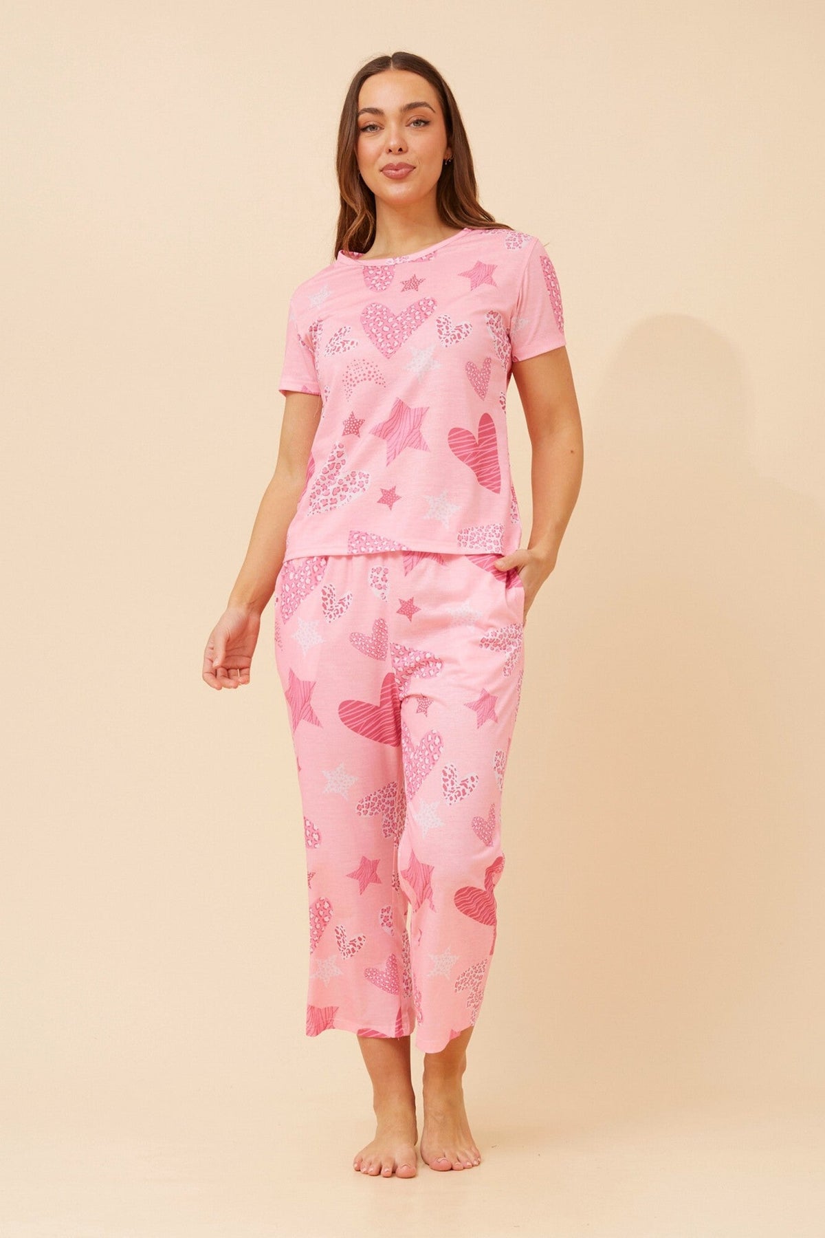 Image of Sleepwear & Loungewear. Product name - ELLARA HEART PRINT SET in Pink colour by brand - Caroline Morgan Australia