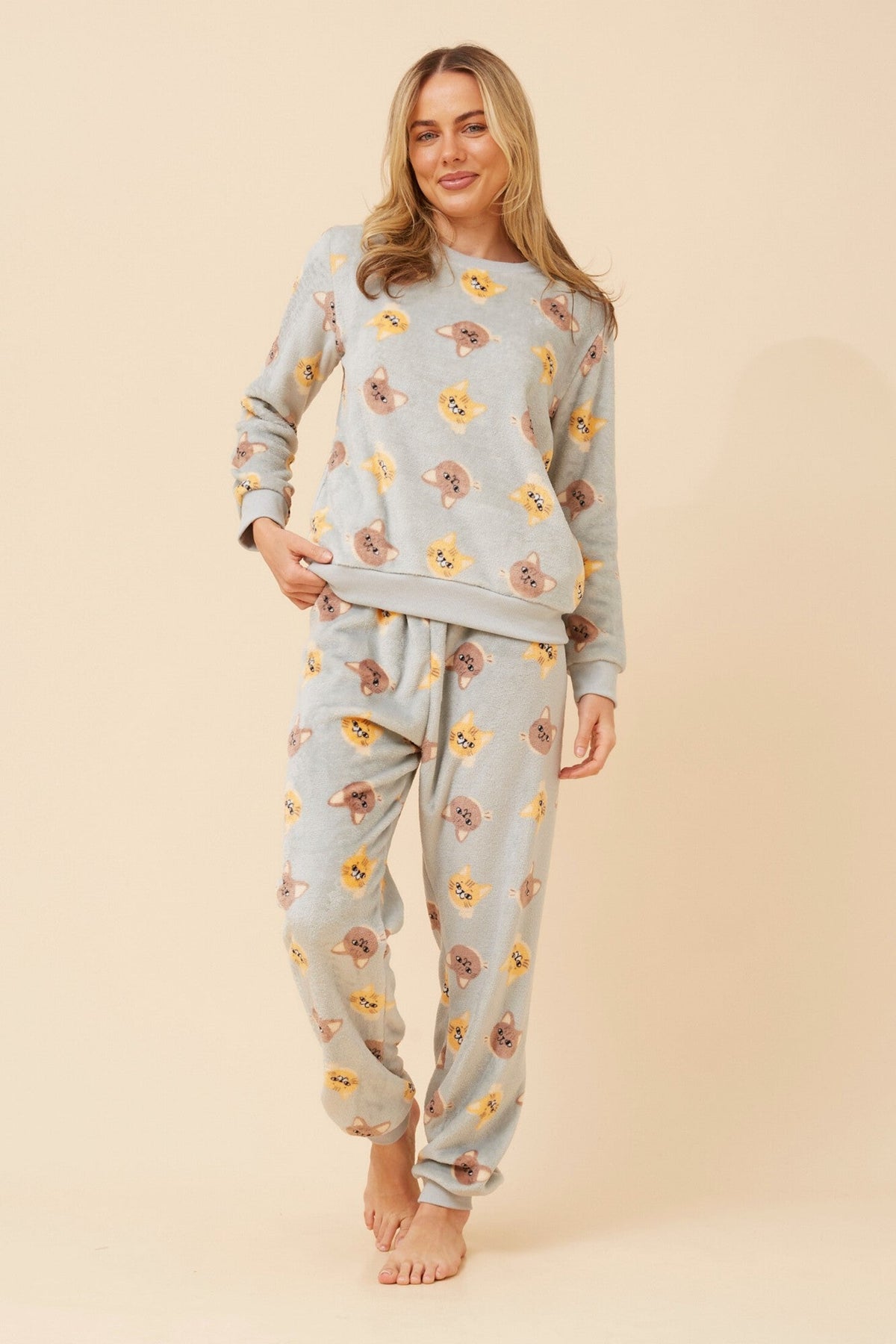 Image of Sleepwear & Loungewear. Product name - KENNY CAT PRINT PYJAMA SET in Multi Sage colour by brand - Caroline Morgan Australia