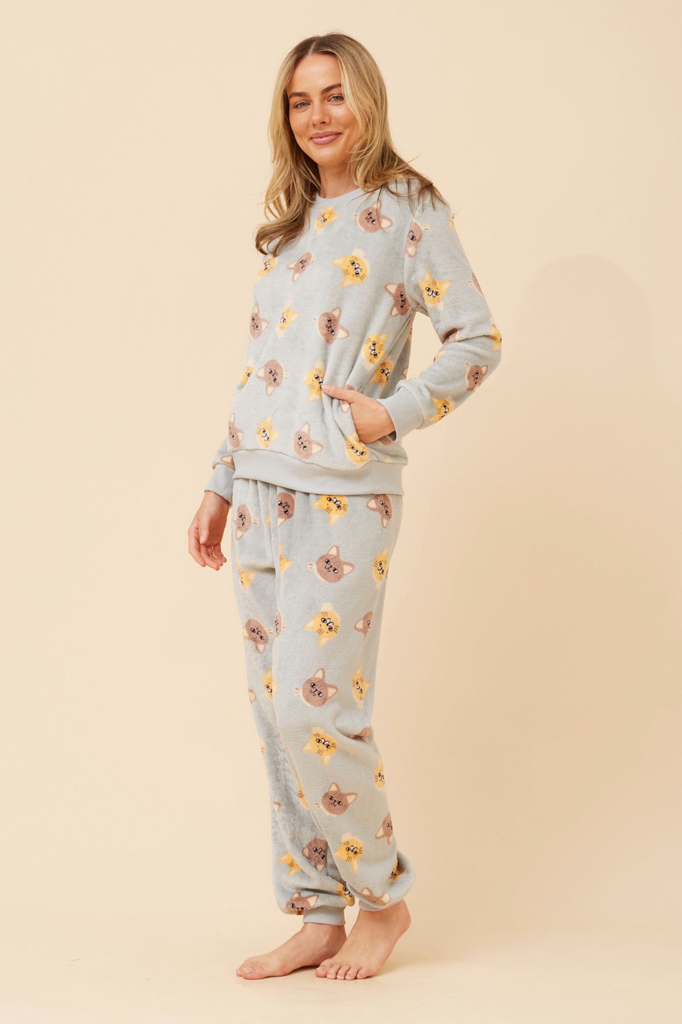 KENNY CAT PRINT PYJAMA SET (Multi Sage)