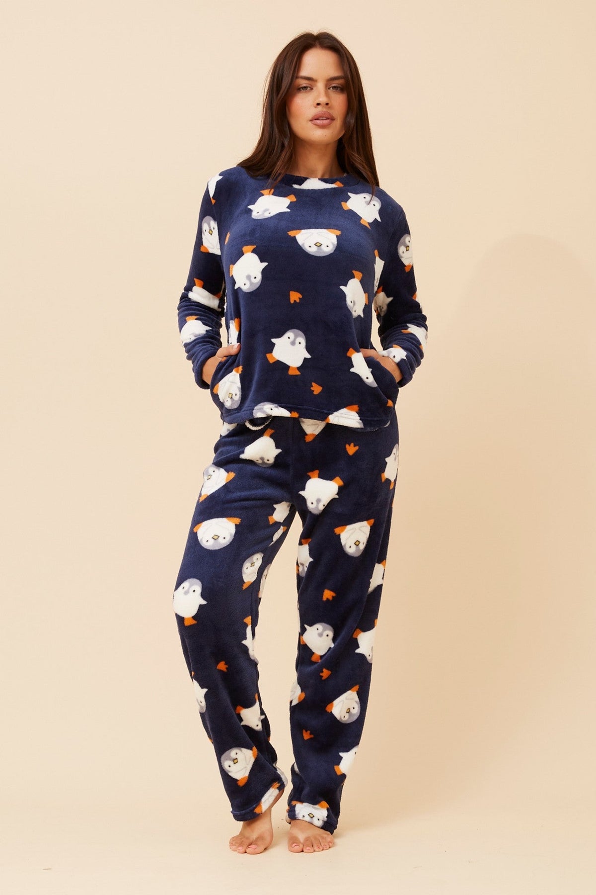 Image of Sleepwear & Loungewear. Product name - KENNY PENGUIN PRINT PYJAMA SET in Multi Navy colour by brand - Caroline Morgan Australia