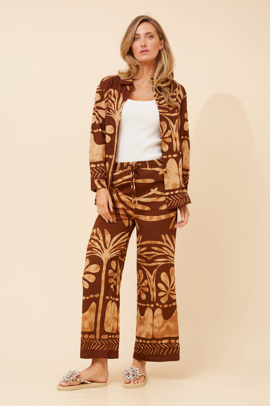 Image of Shirts. Product name - CELINE ABSTRACT TWO-PIECE SET in Chocolate colour by brand - Caroline Morgan Australia