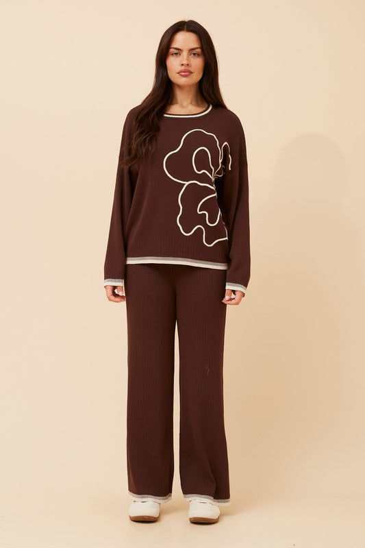 Image of Outfit Sets. Product name - ERLINDA TWO-PIECE KNIT SET in Chocolate colour by brand - Caroline Morgan Australia
