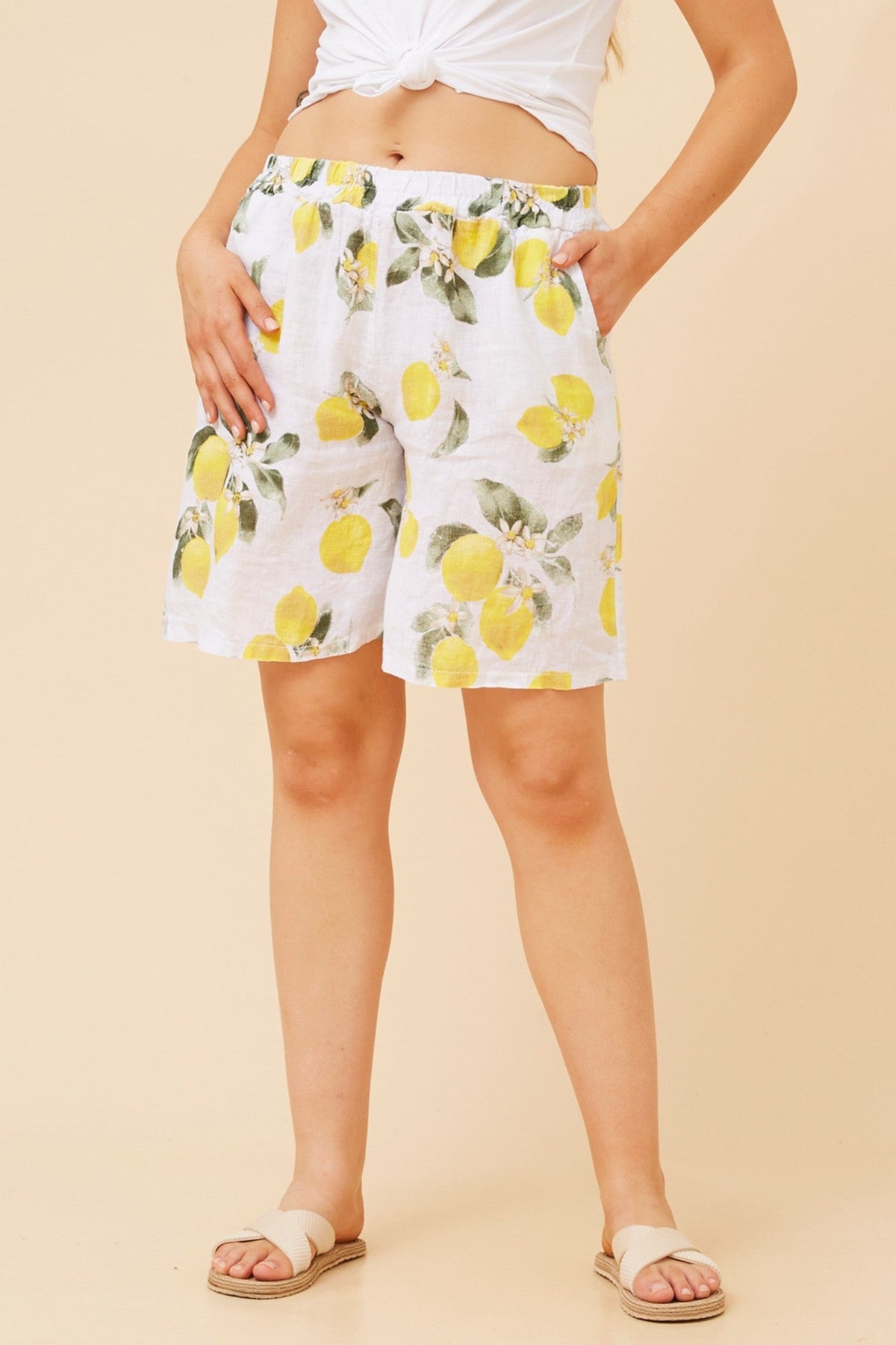 COSTANZA LEMON PRINT LINEN SHORTS (Pink)