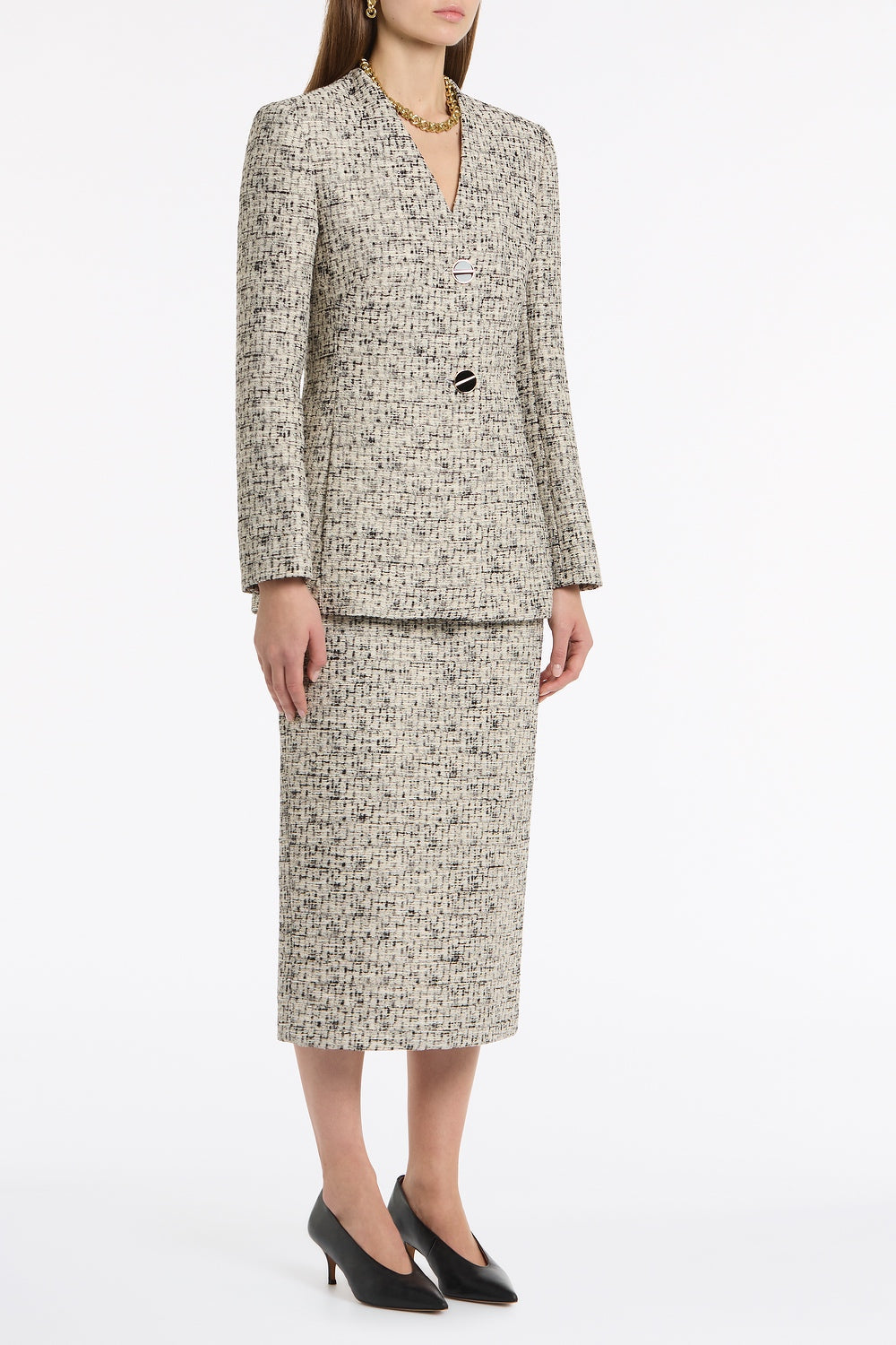 Carla Zampatti Shimmer Fleck Tweed Long Line Pencil Skirt (Grey)