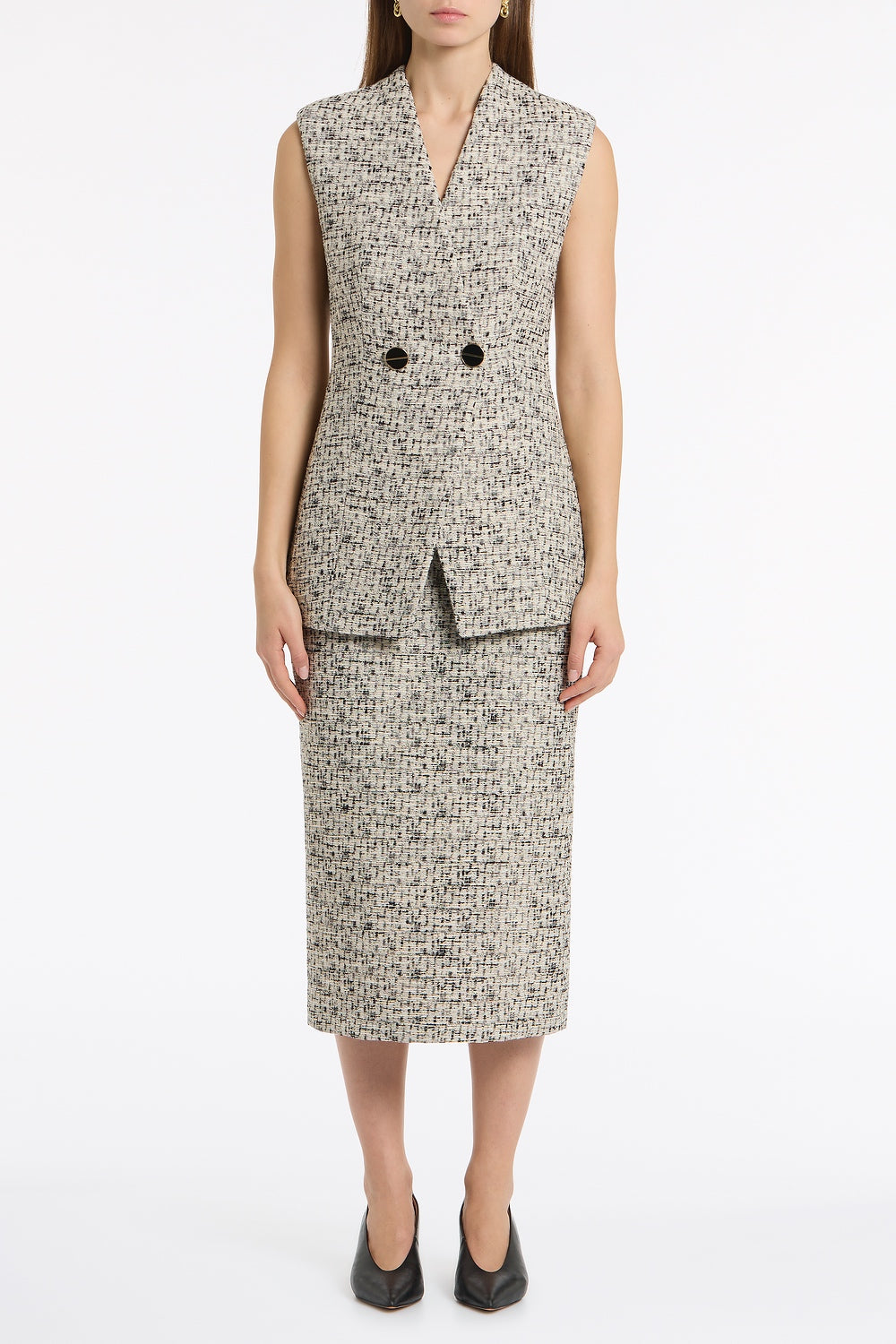 Image of Coats & Jackets. Product name - Shimmer Fleck Tweed Long Line Vest in Grey colour by brand - Carla Zampatti