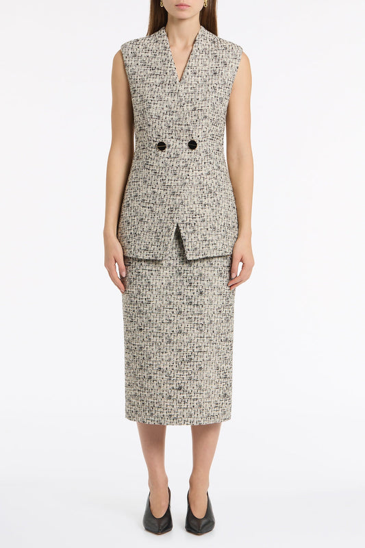 Image of Coats & Jackets. Product name - Shimmer Fleck Tweed Long Line Vest in Grey colour by brand - Carla Zampatti