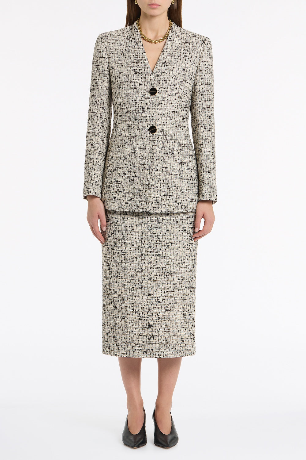 Image of Coats & Jackets. Product name - Shimmer Fleck Tweed V-Neck Jacket in Grey colour by brand - Carla Zampatti