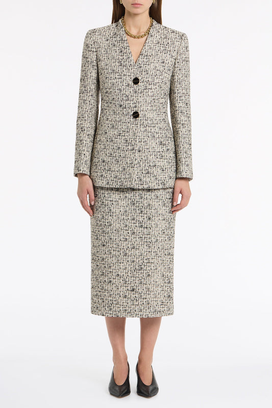 Image of Coats & Jackets. Product name - Shimmer Fleck Tweed V-Neck Jacket in Grey colour by brand - Carla Zampatti