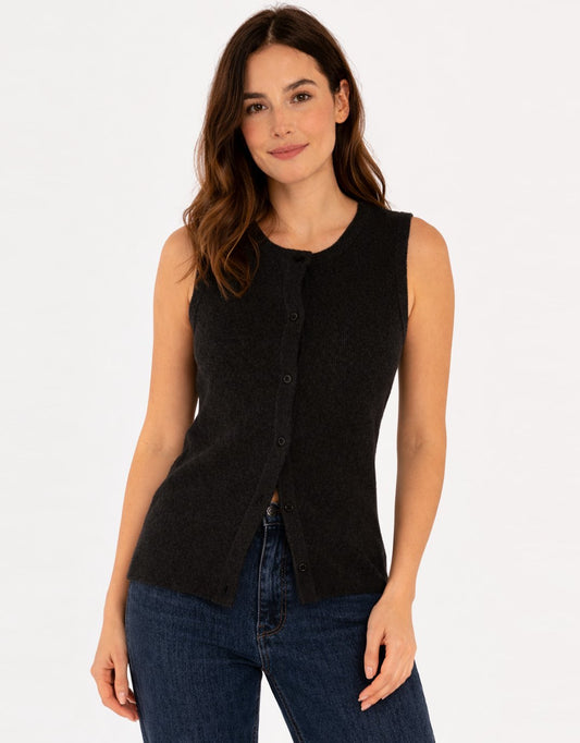 Image of a model wearing Outerwear. Productname: Shona Knit Vest - in Black colour by brand - Betty Basics
