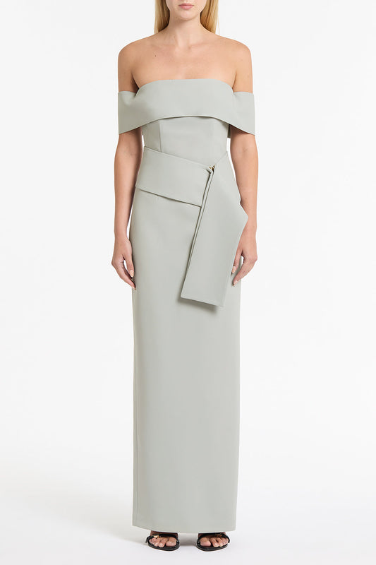 Image of Dresses. Product name - Silver Crepe La Banda Off Shoulder Gown in Silver colour by brand - Carla Zampatti