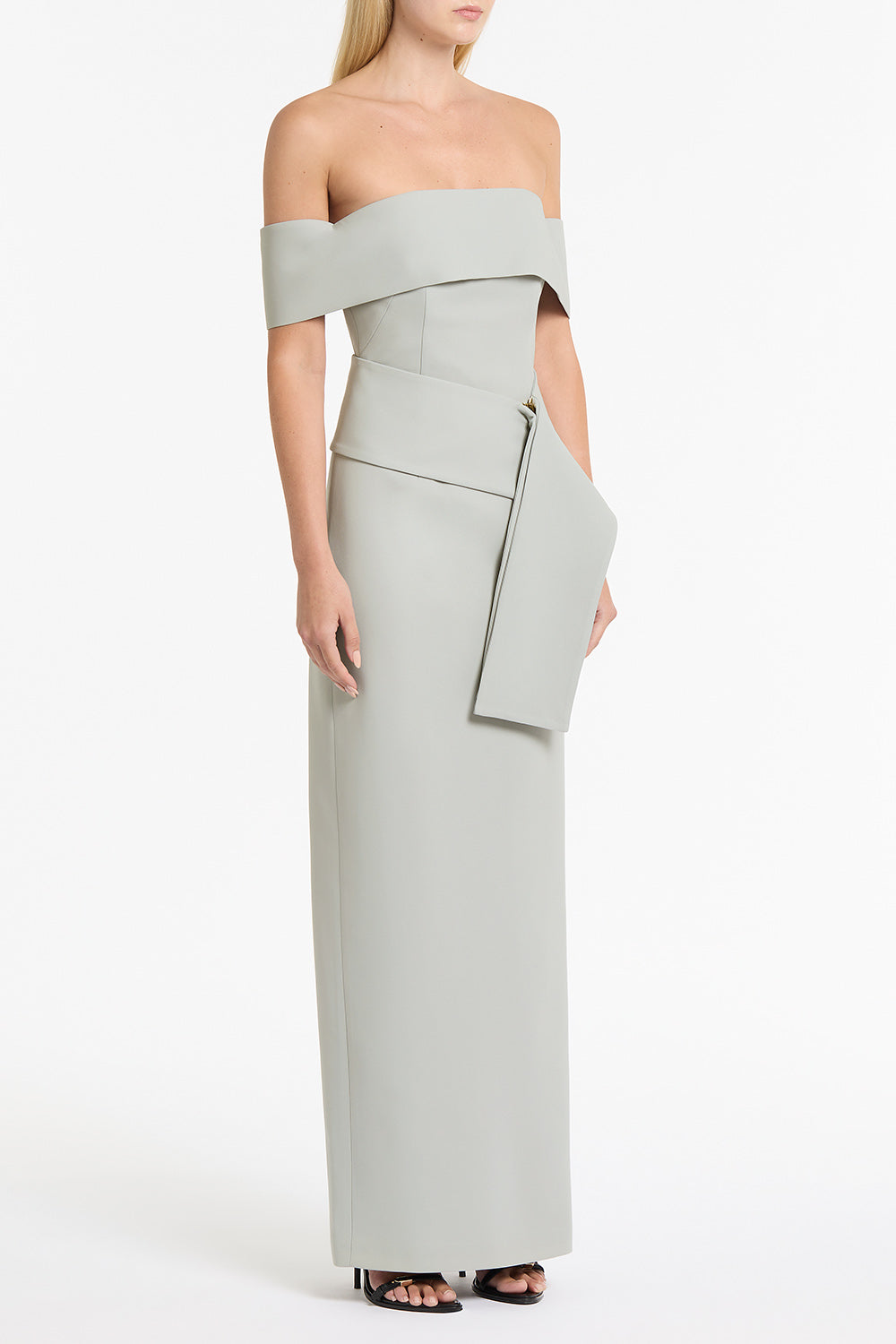 Carla Zampatti Crepe La Banda Off Shoulder Gown (Silver)