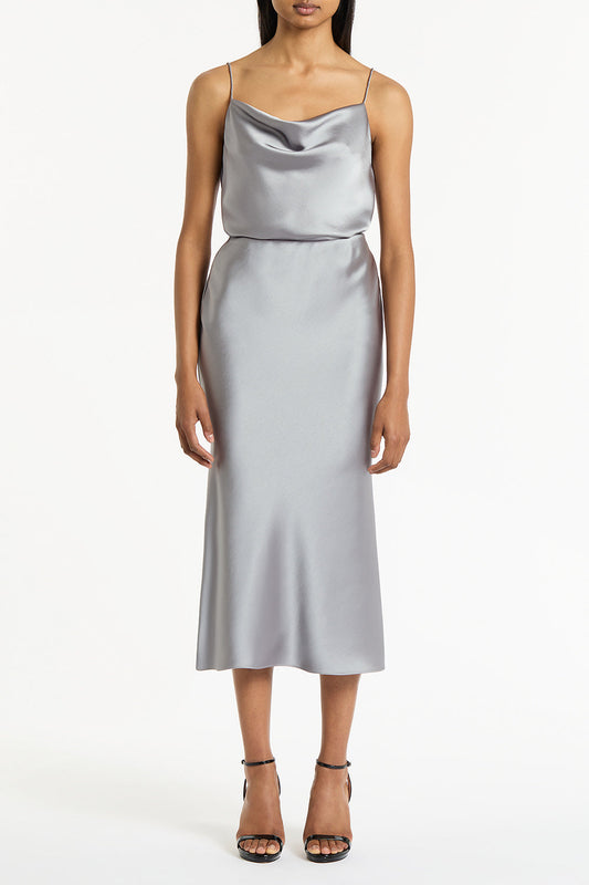 Image of a model wearing Tops. Product name - Silver Satin Cowl Neck Cami in Silver colour by brand - Carla Zampatti