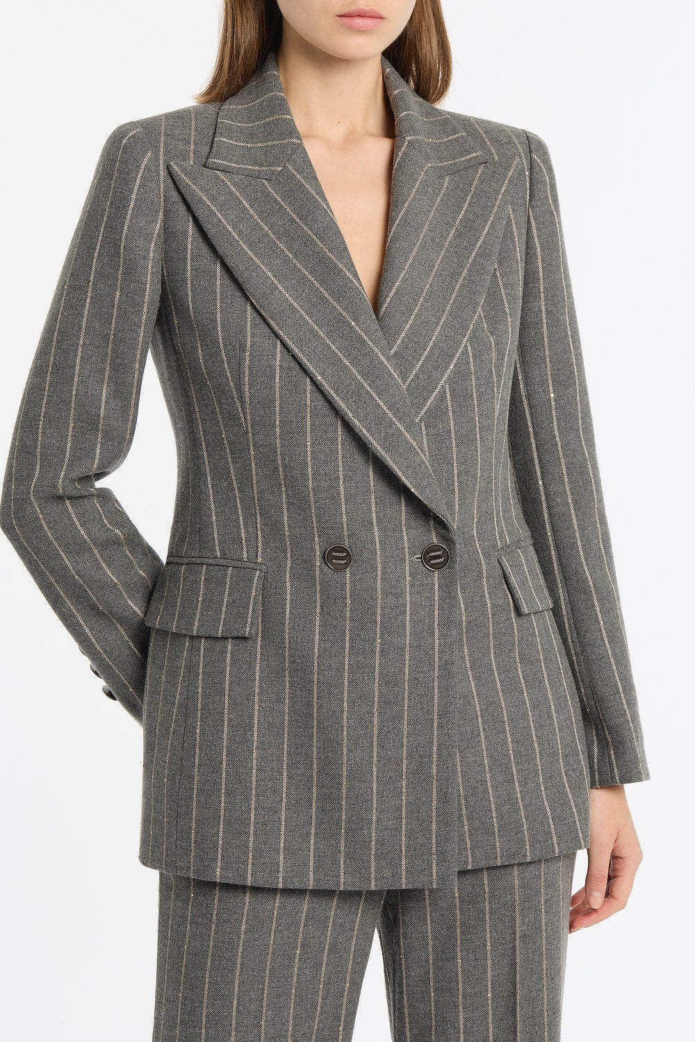Carla Zampatti Slate Italian Wool Pinstripe Double Breasted Blazer (Grey)