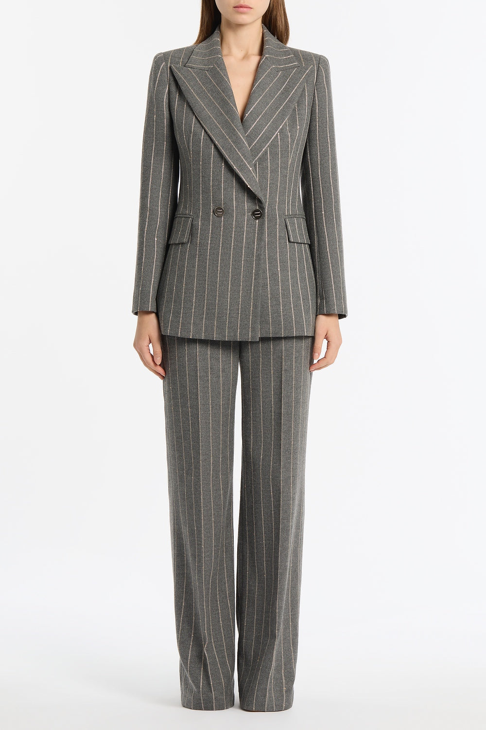 Image of Coats & Jackets. Product name - Slate Italian Wool Pinstripe Double Breasted Blazer in Grey colour by brand - Carla Zampatti