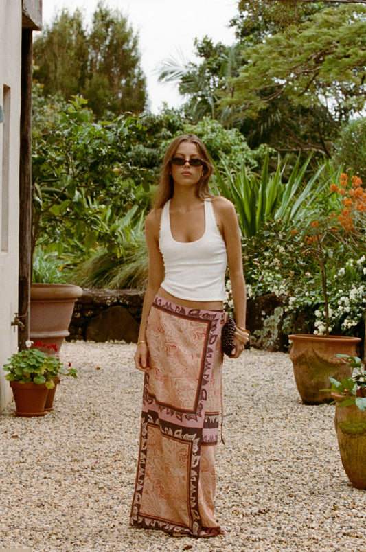 Image of a model wearing Skirts. Productname: SNDYS PAISLEE MAXI SKIRT in Paisley Print colour by brand - SNDYS