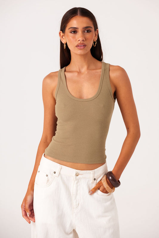 Image of a model wearing Tops. Productname: SNDYS SAYLA TANK TOP in Khaki colour by brand - SNDYS