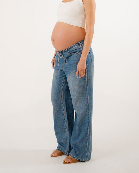 Soon Maternity Relaxed Wide Leg Drawstring Jeans (draped)