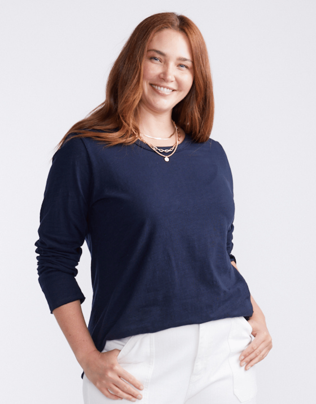 Image of T-Shirts. Product name - Essential Scoop Hem Long Sleeve T-shirt Navy in Navy colour by brand - White & Co.