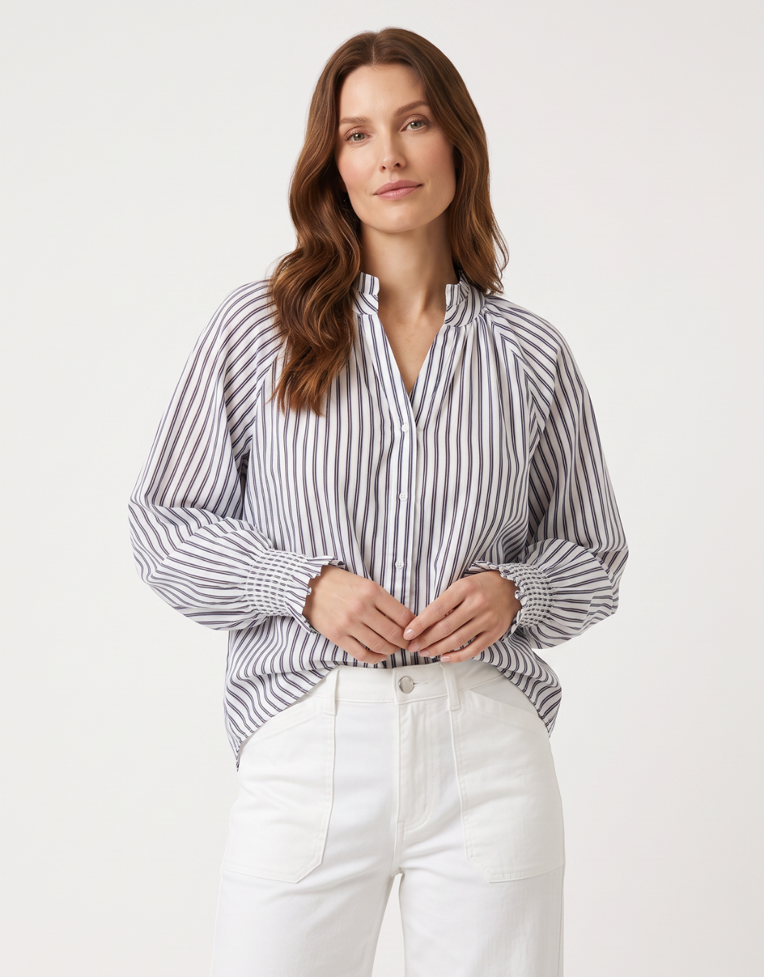 Image of Shirts. Product name - Sorrento Shirt Mocha/ Blue/ White Stripe in Mocha/Blue/White Stripe colour by brand - 132 Fashion