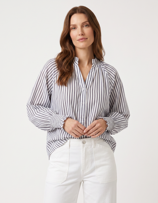 Image of Shirts. Product name - Sorrento Shirt Mocha/ Blue/ White Stripe in Mocha/Blue/White Stripe colour by brand - 132 Fashion