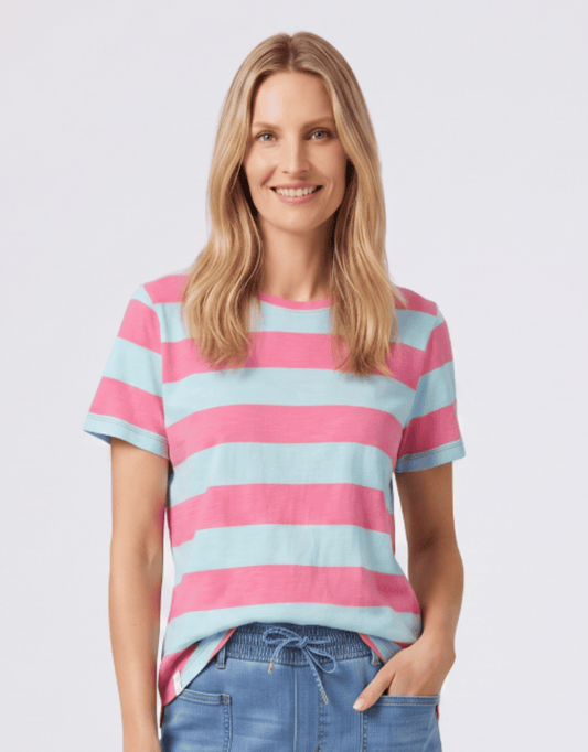 Image of T-Shirts. Product name - Spritz Stripe Short Sleeve Tee Blue/Pink Lemonade Stripe in Blue/Pink Lemonade Stripe colour by brand - Elm