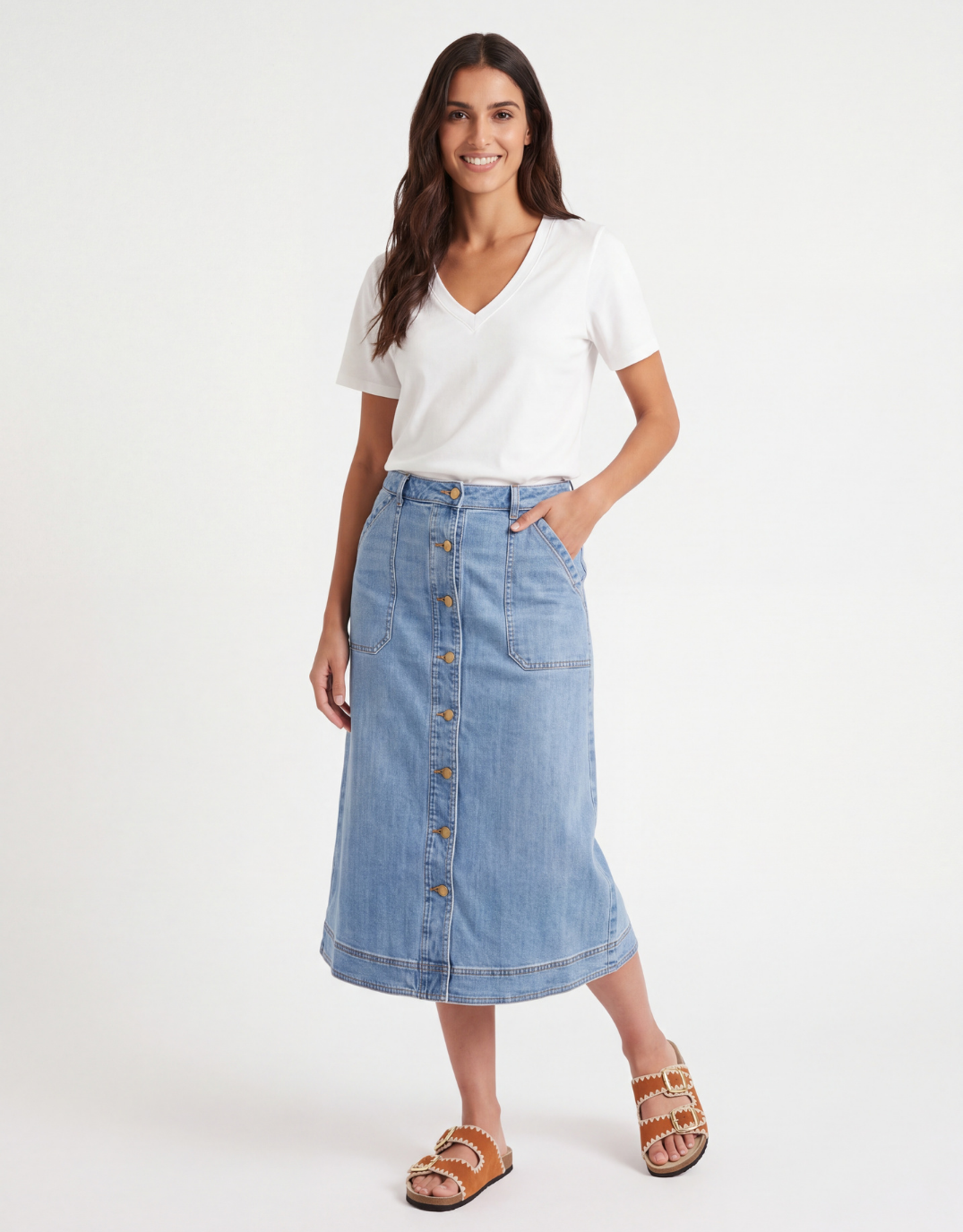 White & Co. Stevie Midi Denim Skirt (Mid Wash)