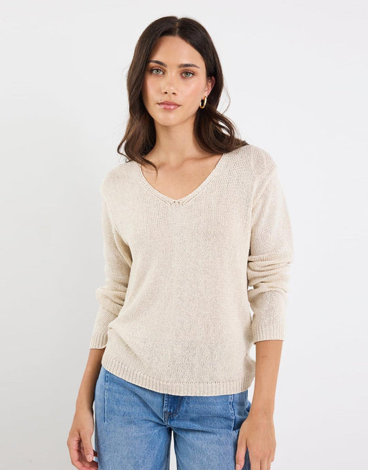 Image of a model wearing Outerwear. Productname: Afternoon Knit Jumper - in Natural colour by brand - Stories Be Told
