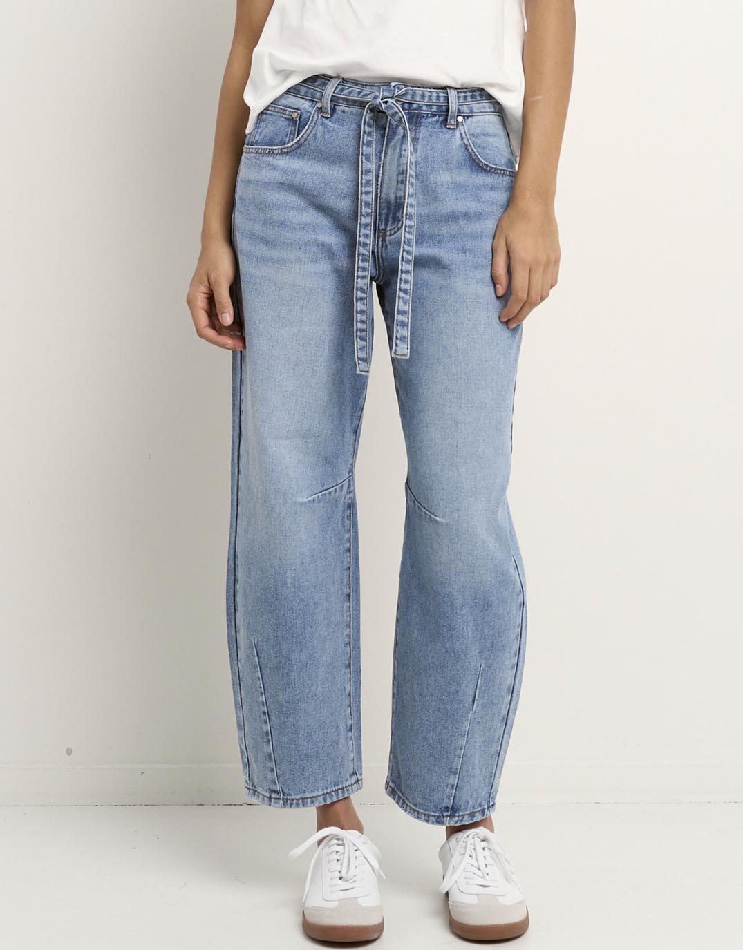 Image of Jeans. Productname: Campus Tie Waist Barrel Jeans - in Light Blue colour by brand - Stories Be Told