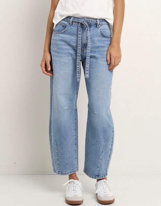 Image of Jeans. Product name - Campus Tie Waist Barrel Jeans Light Blue in Light Blue colour by brand - Stories Be Told