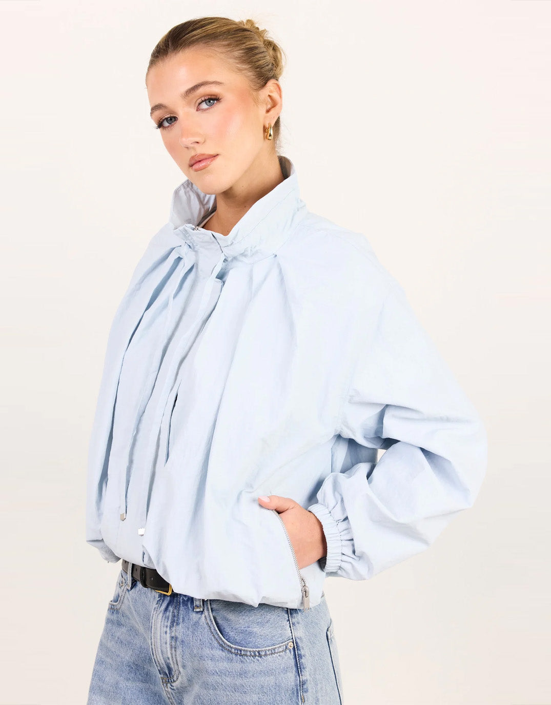 Stories Be Told Element Drawstring Funnel Neck Bomber Jacket (Ice Blue)