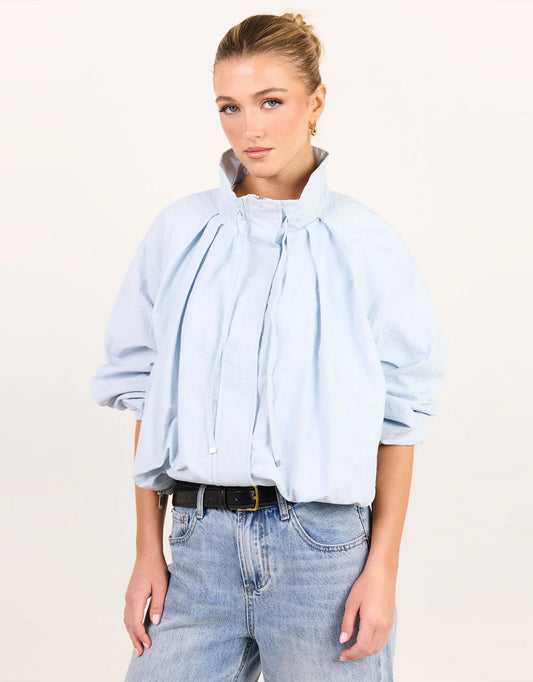 Stories Be Told Element Drawstring Funnel Neck Bomber Jacket (Ice Blue)