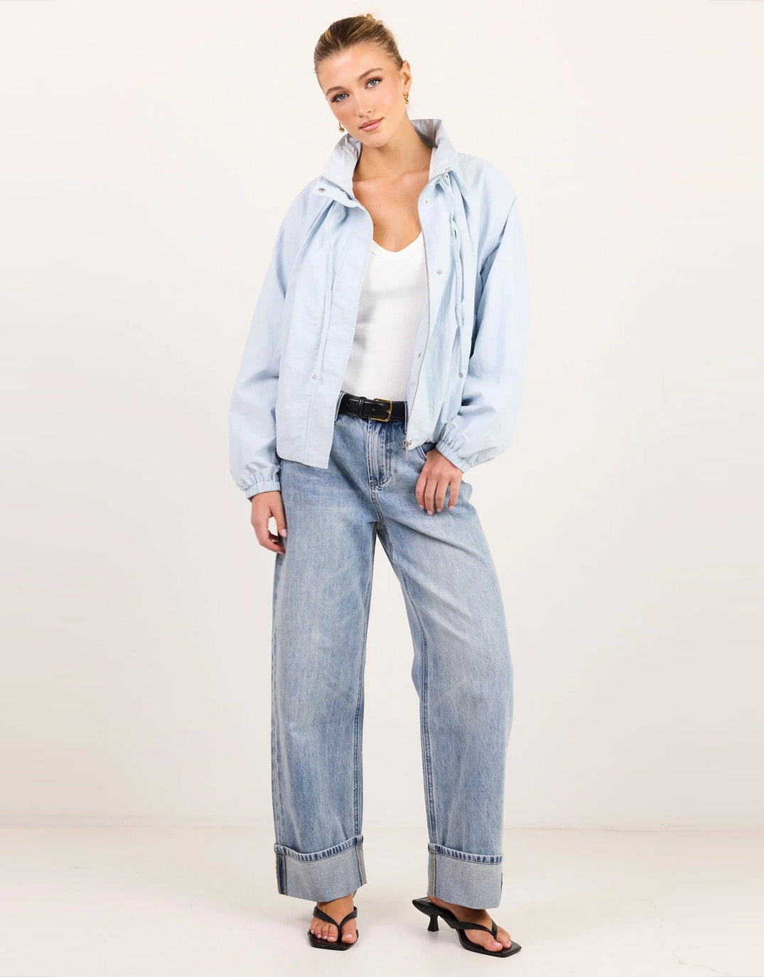 Stories Be Told Element Drawstring Funnel Neck Bomber Jacket (Ice Blue)