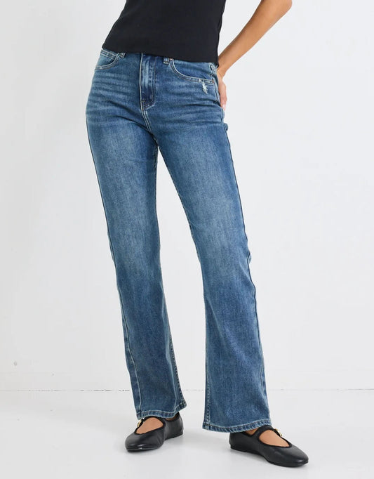 Image of Jeans. Product name - Farah High Rise Straight Leg Jeans Mid Blue in Mid Blue colour by brand - Stories Be Told