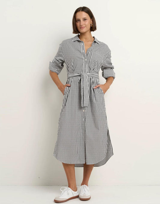 Image of Dresses. Productname: Forward Cotton Midi Shift Dress - in Black Stripe colour by brand - Stories Be Told
