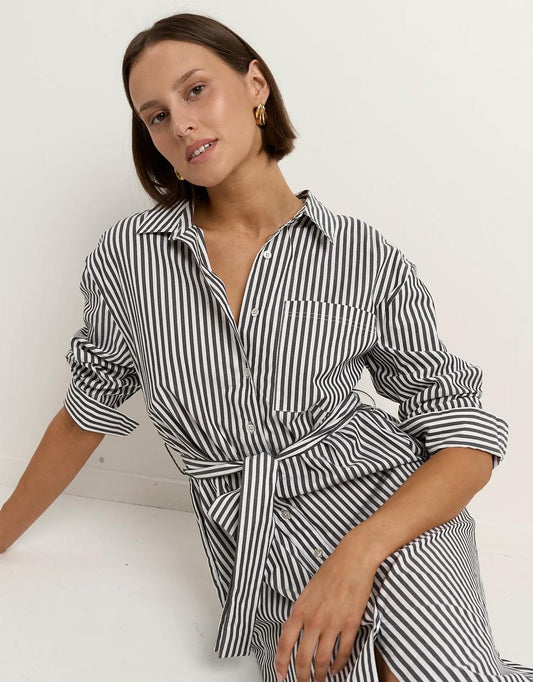 Forward Cotton Midi Shift Dress - (Black Stripe)