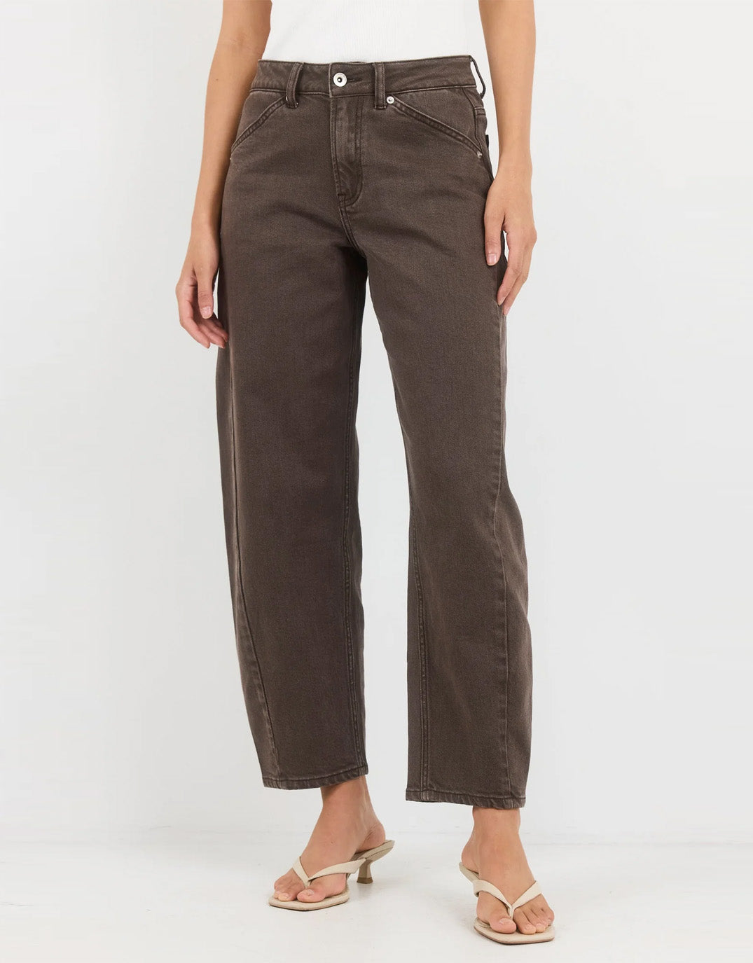 Image of Jeans. Product name - Idolise Stretch Soft Barrel Jean Mocha in Mocha colour by brand - Stories Be Told