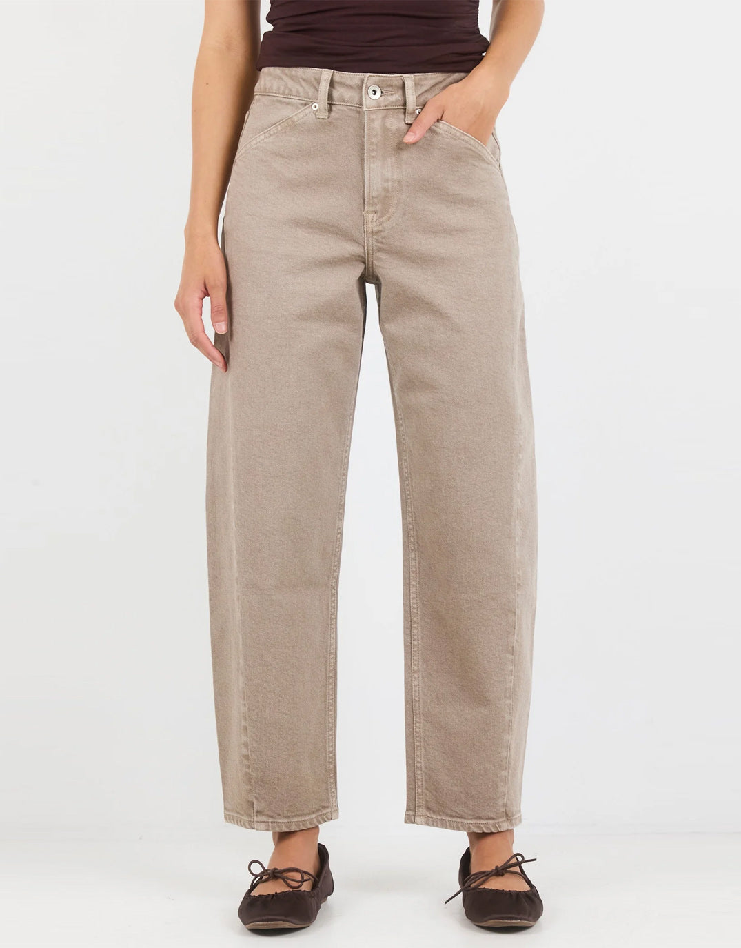 Image of Jeans. Product name - Idolise Stretch Soft Barrel Jean Taupe in Taupe colour by brand - Stories Be Told